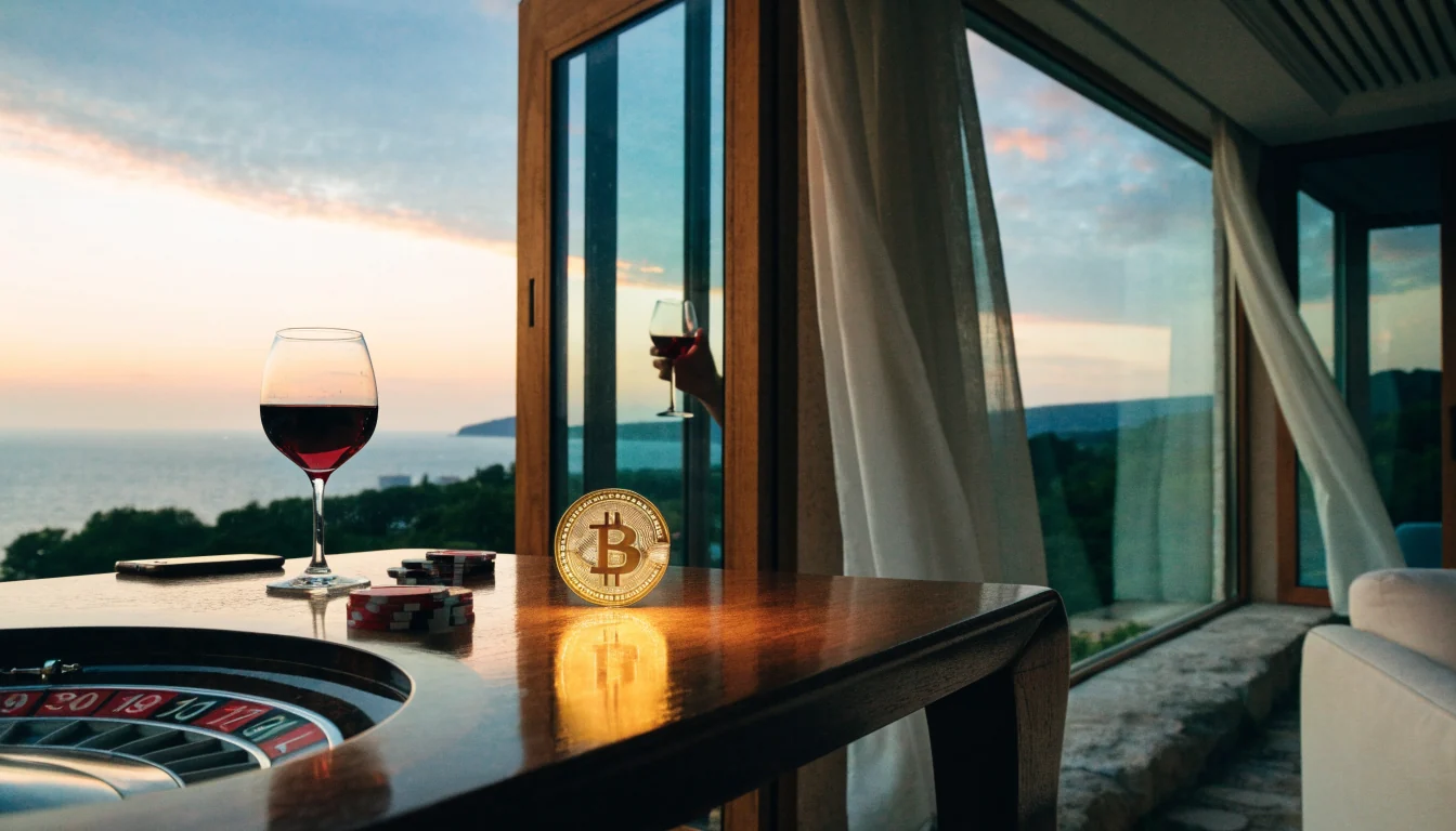 Bitcoin kovanica, casino žetoni i rulet na stolu s pogledom na hrvatsku obalu