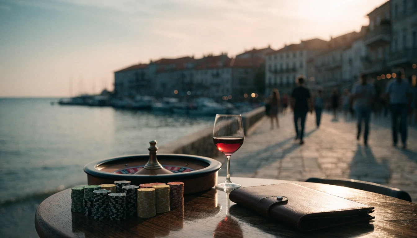 Stol s casino žetonima i ruletom na hrvatskoj obali u sumrak
