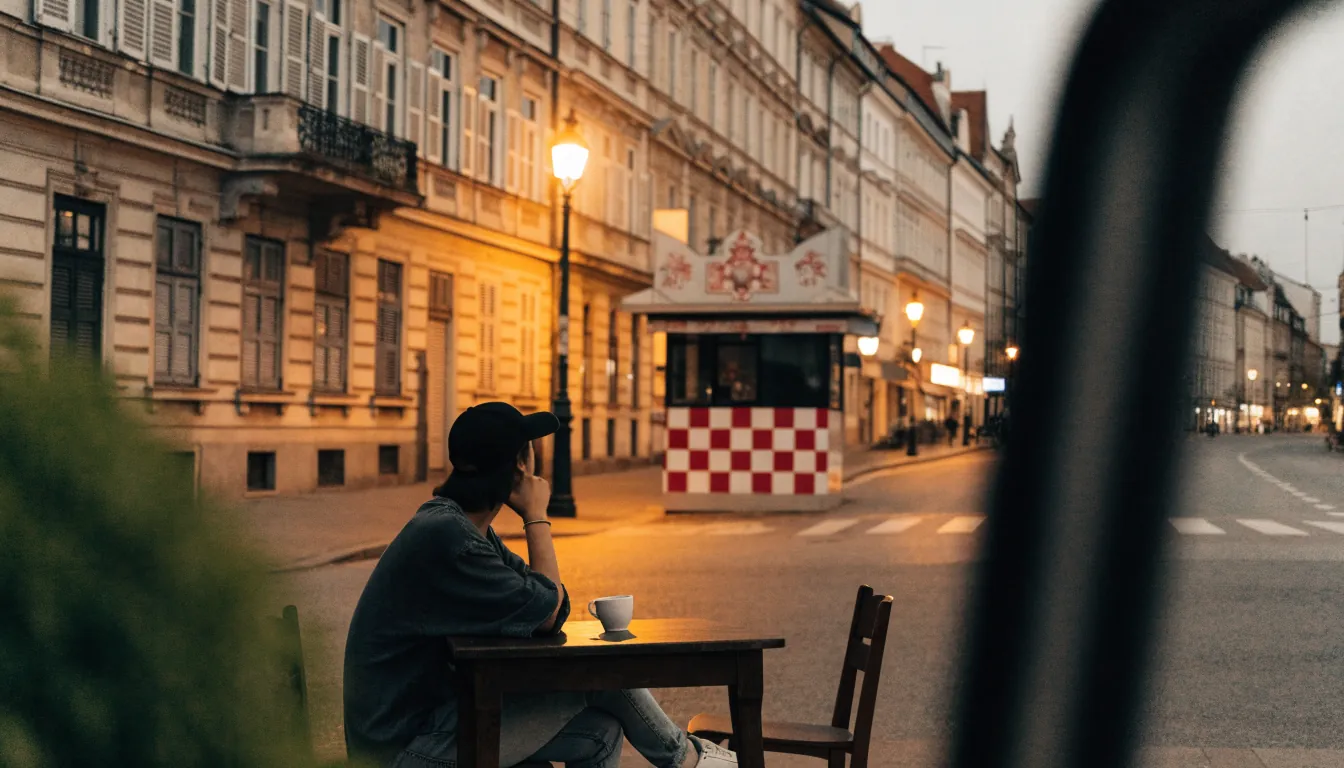 Noćna ulica u Zagrebu s lutrijskim kioskom i osobom za stolom kafića