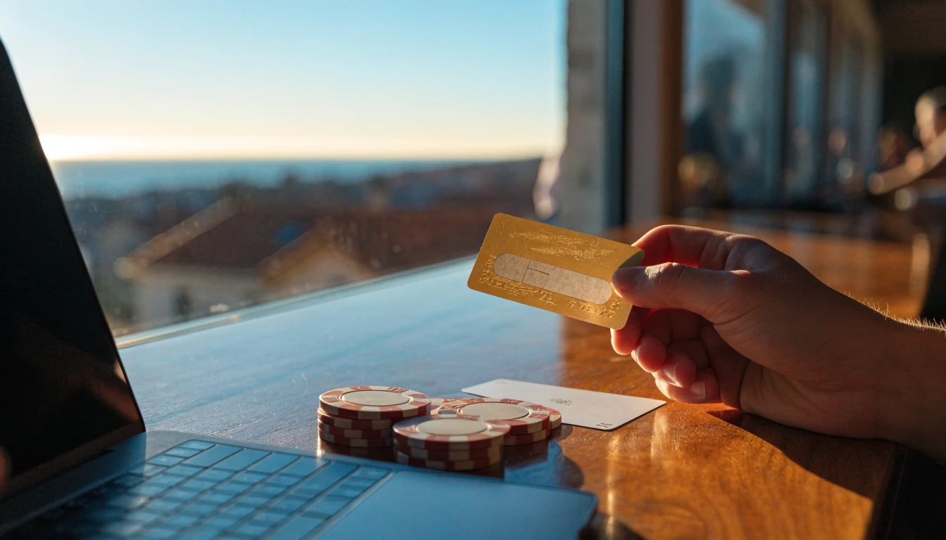 Ruka drži zlatni prepaid bon pokraj laptopa na stolu s pogledom na dalmatinski grad