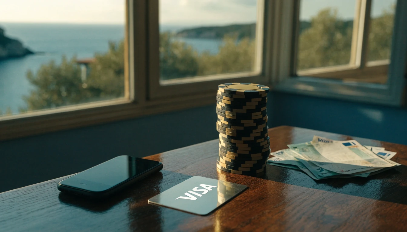 Visa kartica, casino žetoni i mobitel na stolu