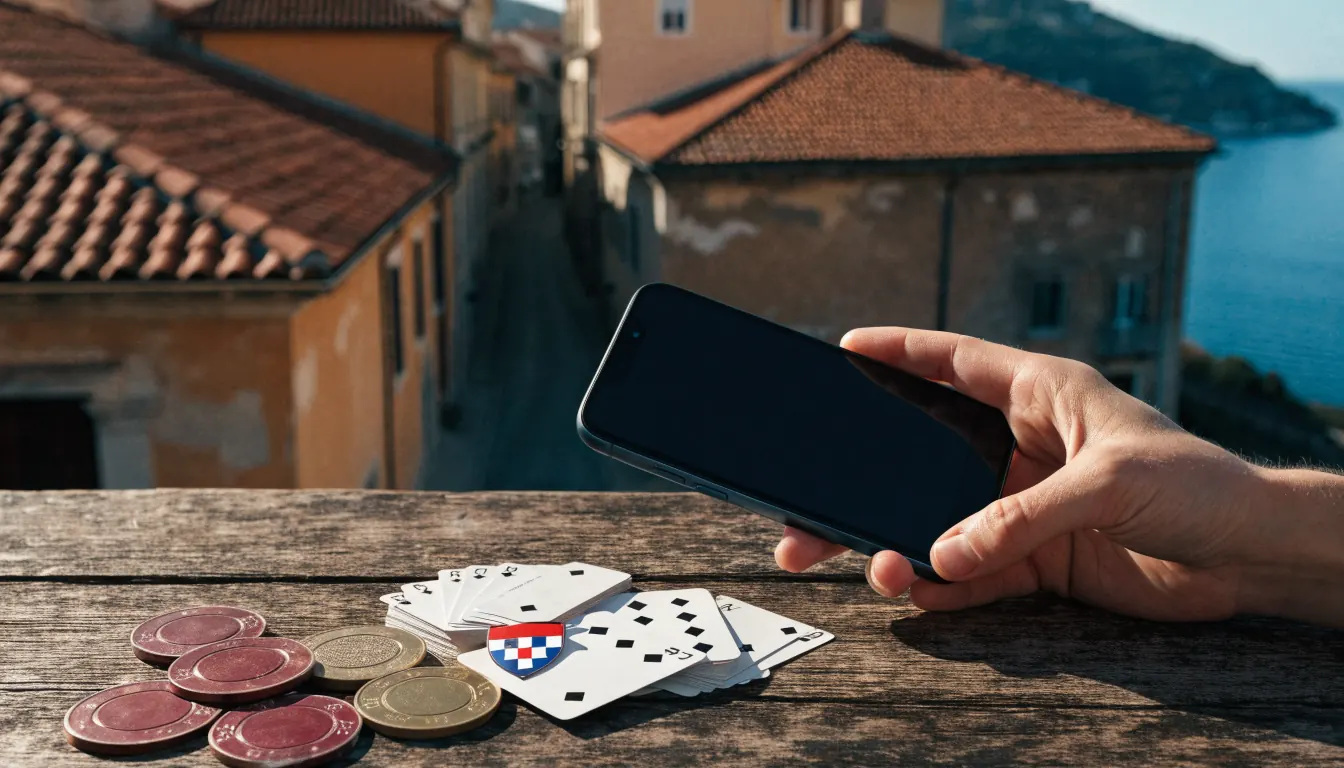 Ruka s telefonom uz žetone i karte na stolu