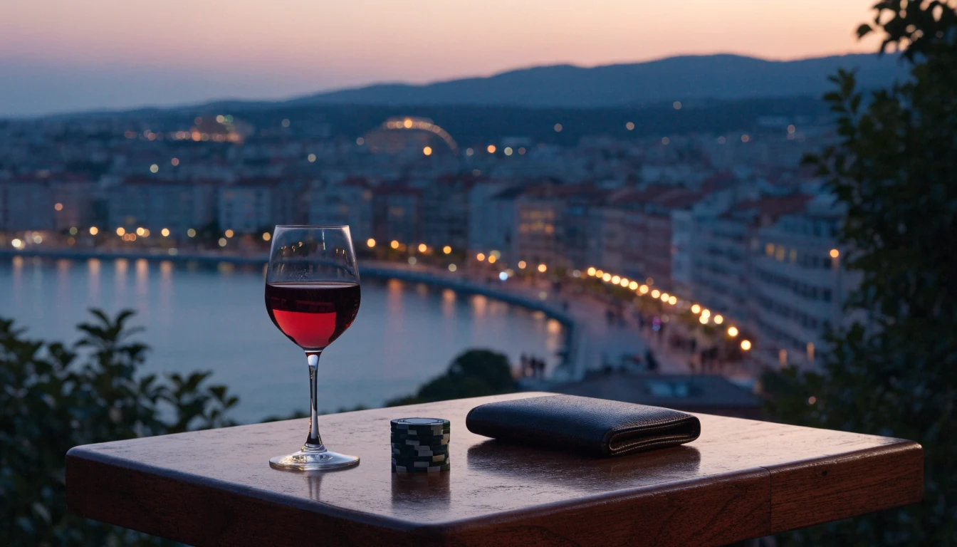 Hrvatski obalni grad u sumrak sa žetonima za kockanje na stolu