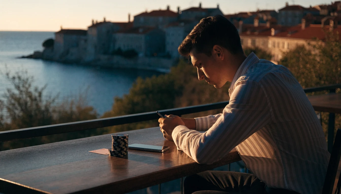 Muškarac u kafiću uz more s telefonom na stolu i žetonima casina