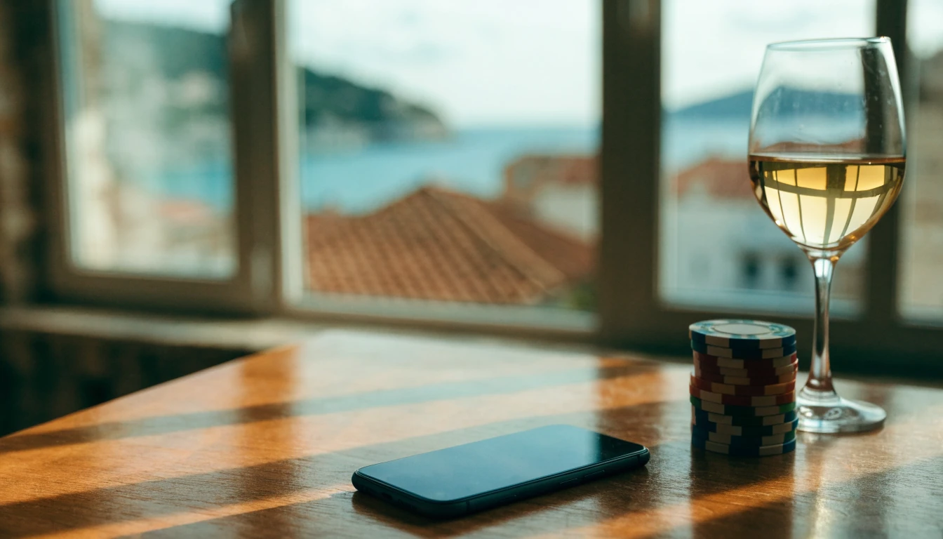 Pametni telefon uz čipove i čašu vina uz pogled na Jadransko more