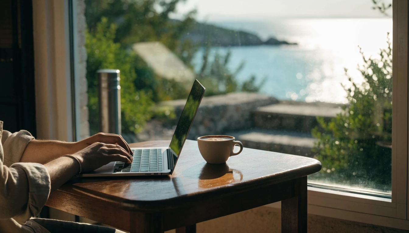 Šalica kave i laptop na stolu s pogledom na Jadransko more u Hrvatskoj