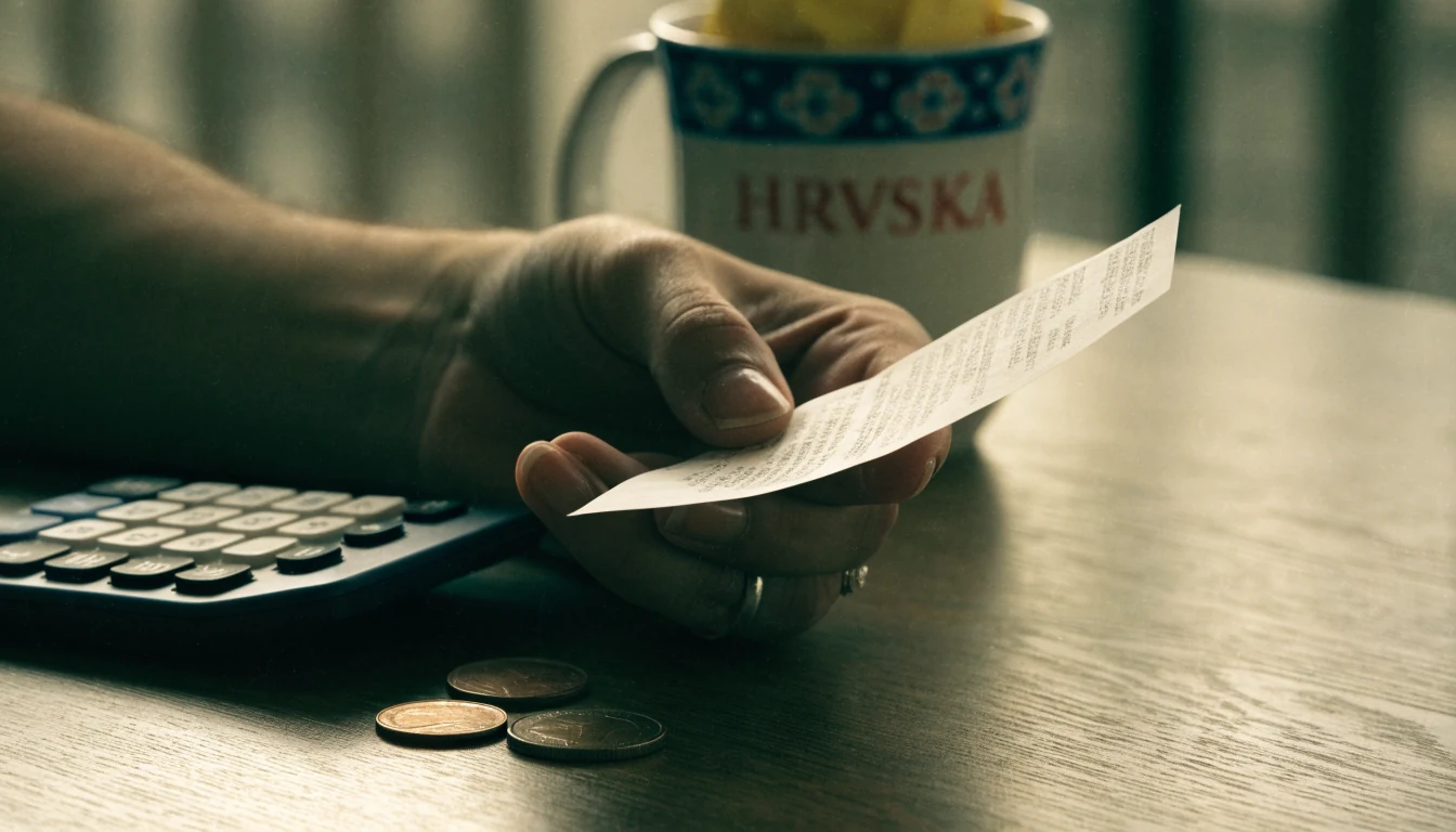 Ruka drži račun iznad stola s kalkulatorom i sitnišem