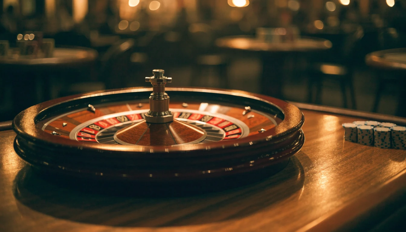 Stol za rulet u casinu s kotačem i žetonima