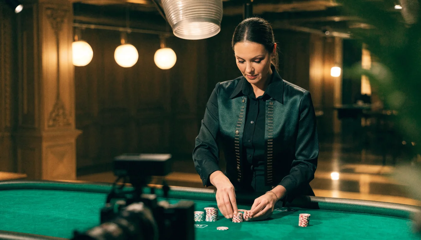 Djelitelj za stolom u live casino studiju s kamerama i profesionalnom rasvjetom.
