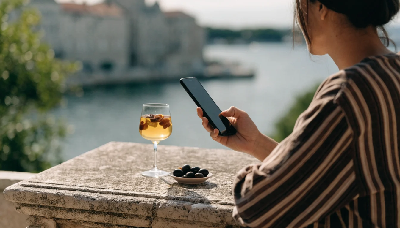 Osoba na hrvatskoj terasi drži pametni telefon u ruci