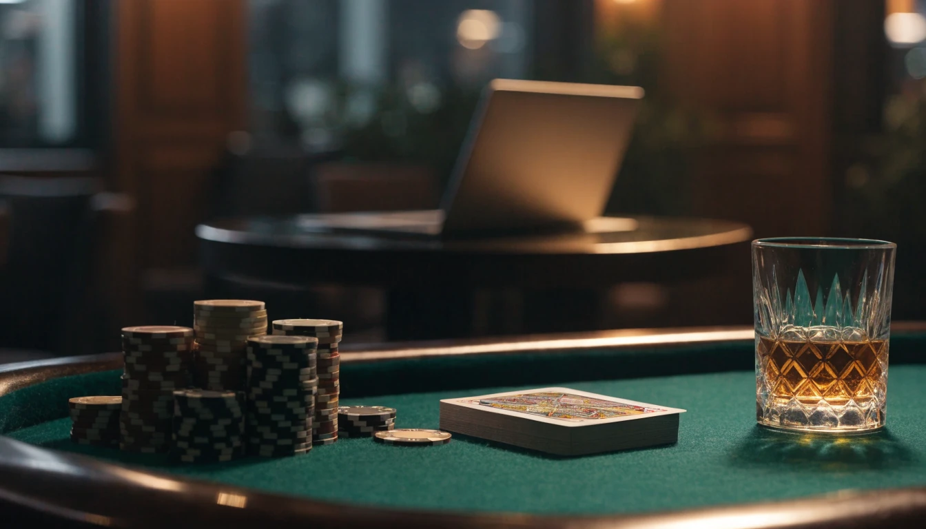 Stol za blackjack s uredno složenim žetonima i kartama na zelenom suknu