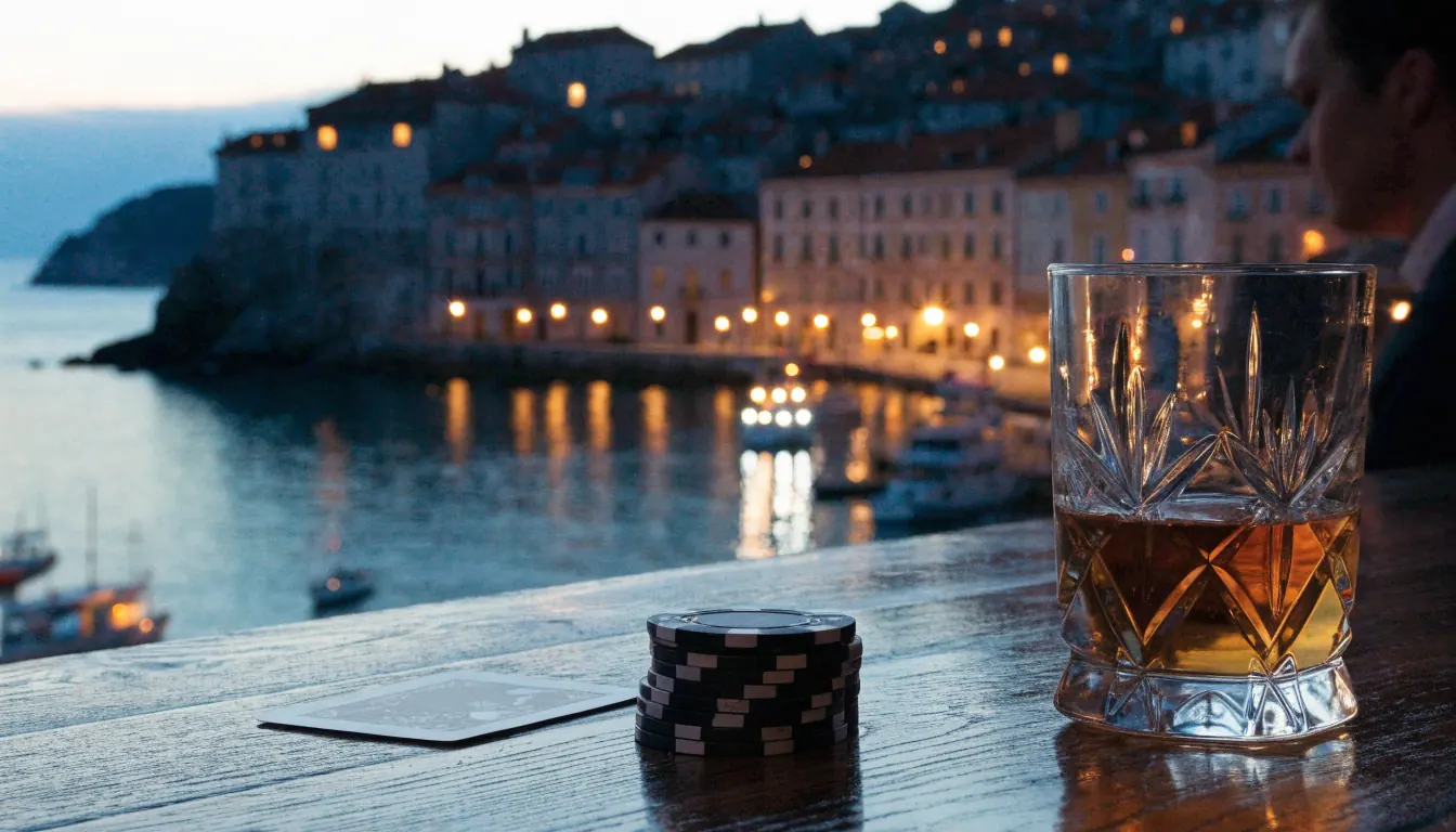 Elegantni hrvatski obalni grad u sumrak sa casino stolom